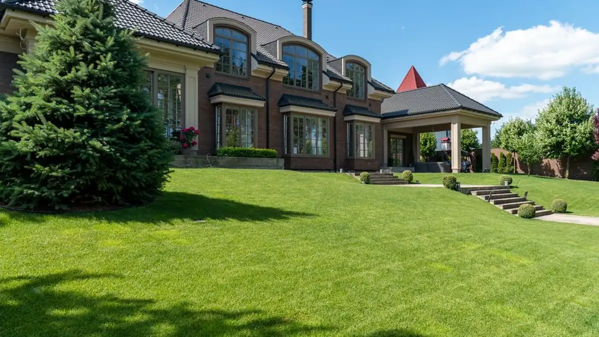 A large house behind a manicured lawn with a mature conifer and established garden beds