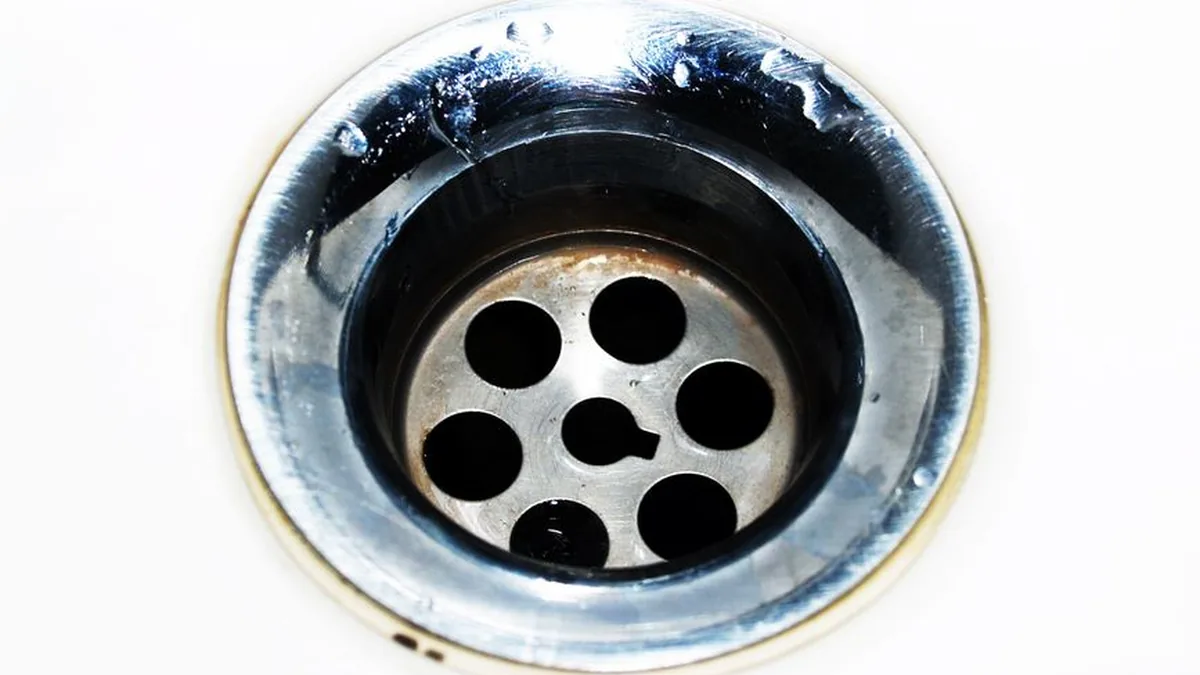 Close-up of a chrome kitchen sink waste with a perforated strainer plate in the bottom of the outlet
