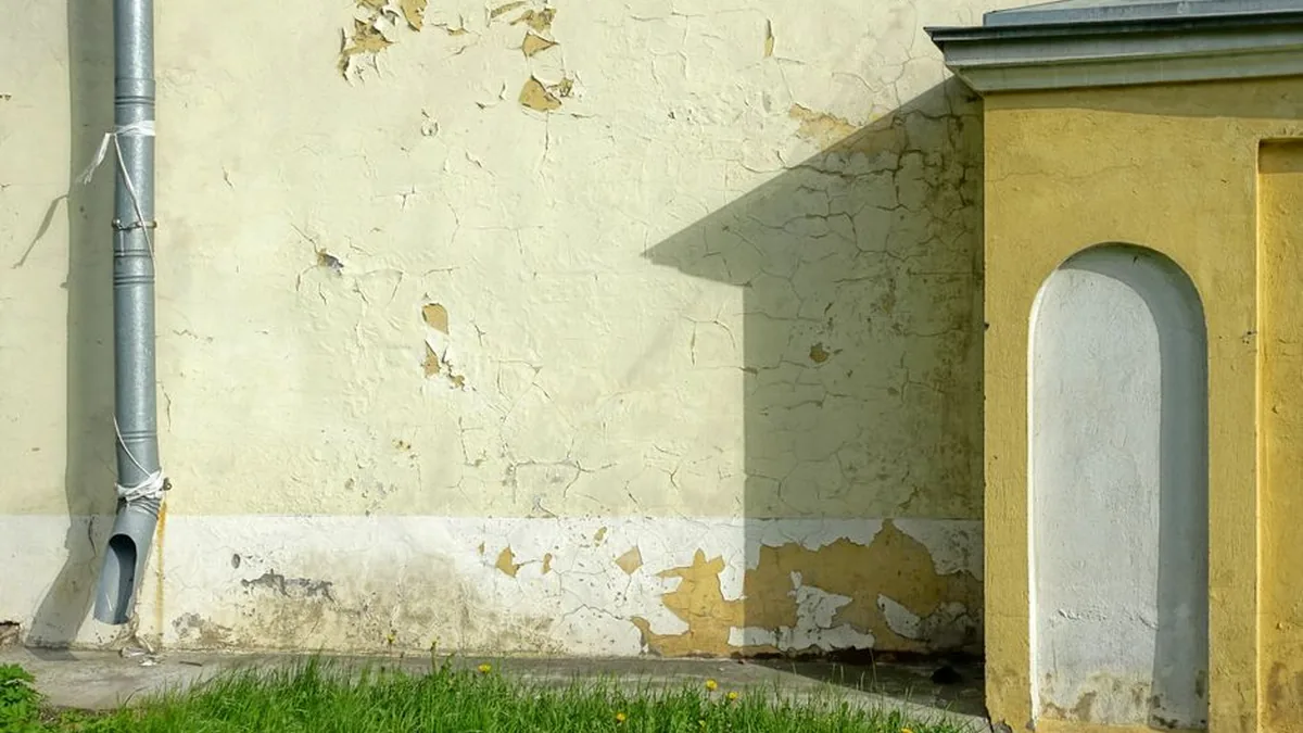 Metal downpipe running down a rendered wall of an old cream building to grass at ground level