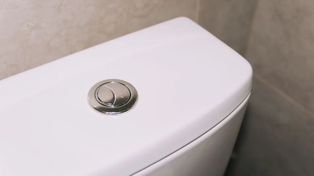 Chrome dual flush button set into the lid of a white ceramic toilet cistern