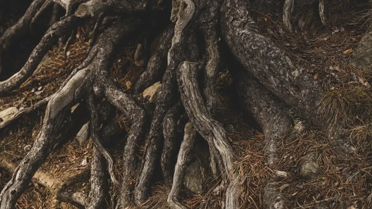 Dense mass of exposed tree roots spreading across soil
