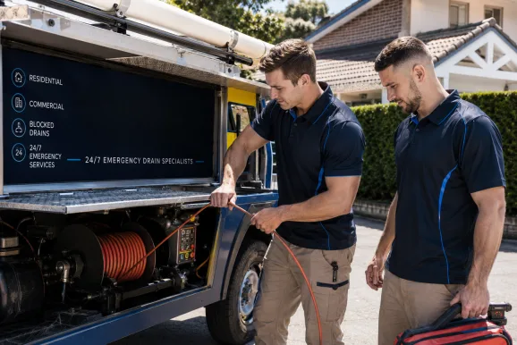 Plumbers clearing a blocked drain